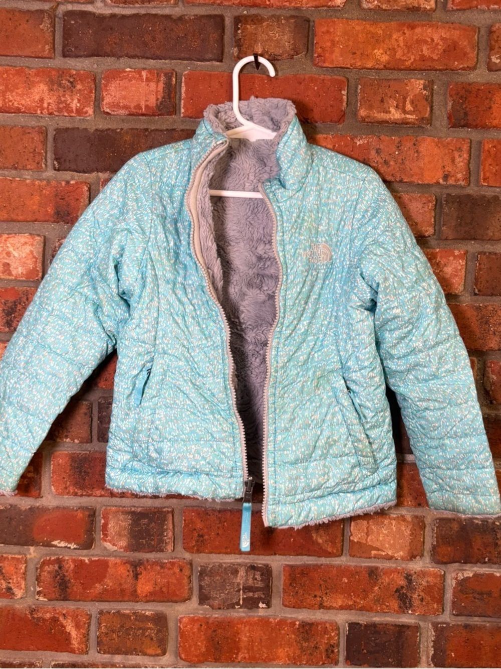 The North Face girls reversible mossbud swirl winter jacket blue/gray XXS